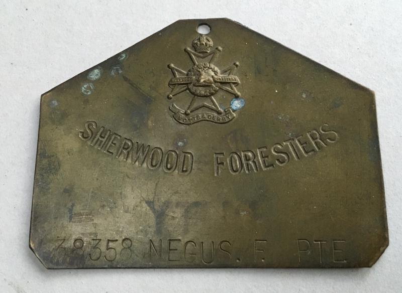 WWI BED / DUTY PLATE SHERWOOD FORESTERS CASUALTY
