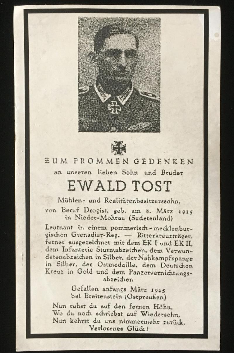 KNIGHTS CROSS MEMORIAL CARD EWALD TOST 1945