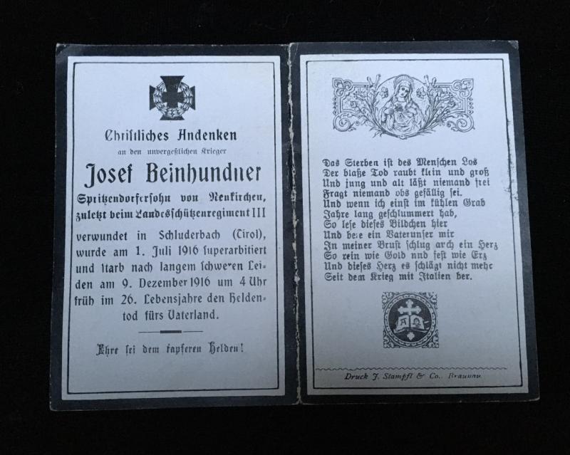 AUSTRO HUNGARIAN DEATH / MEMORIAL CARD DEC 1916