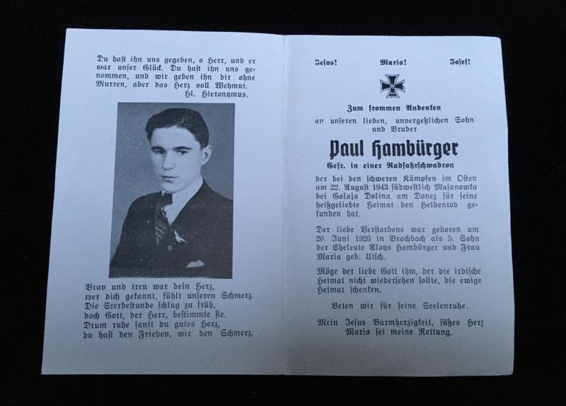 WW2 GERMAN DEATH / MEMORIAL CARD UKRAINE 1943