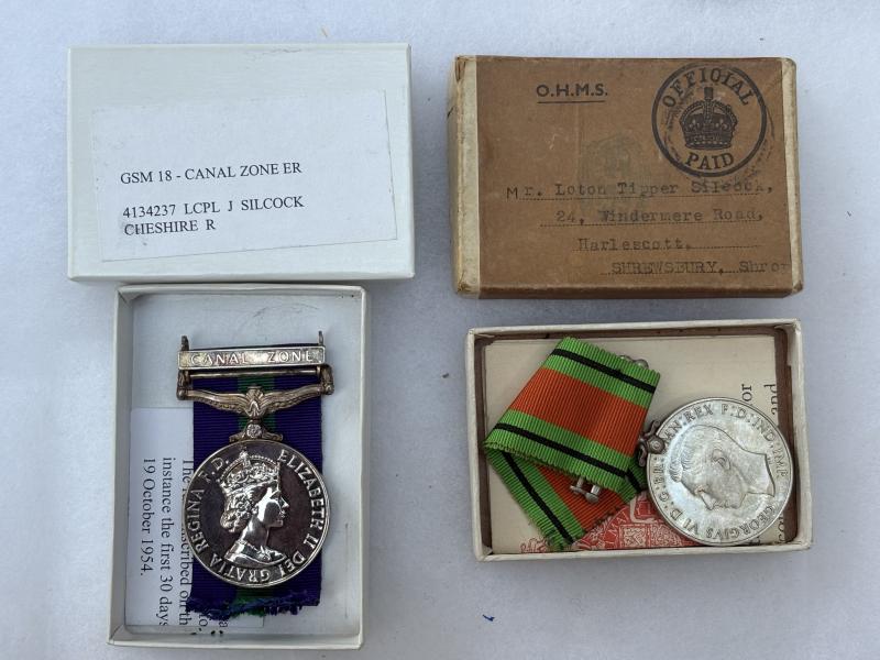 BOXED CANAL ZONE GSM CHESHIRE RGT + FATHERS BOXED DEFENCE MEDAL