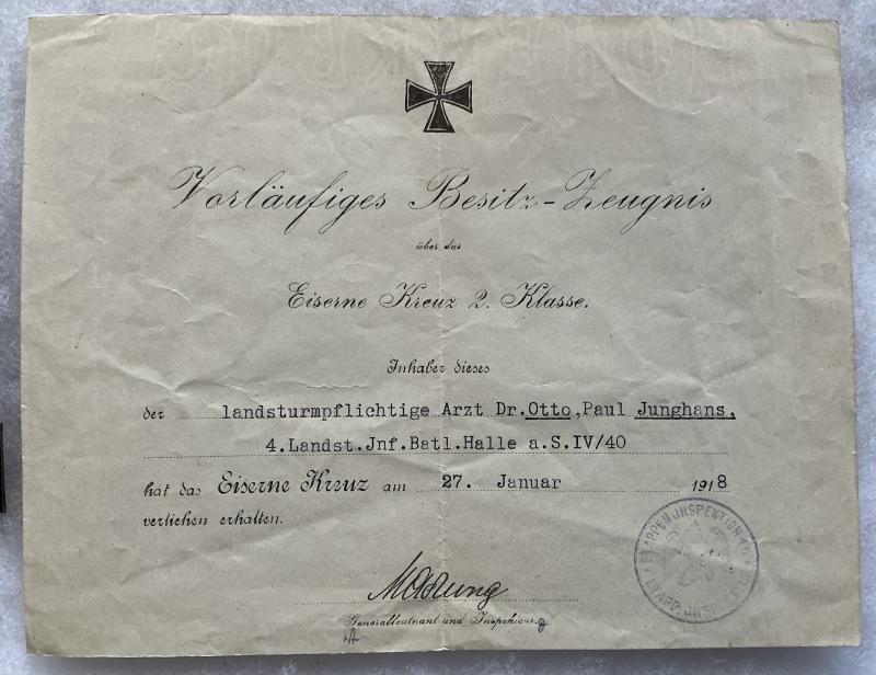 NON COMBATANT WW1 IRON CROSS & DOC TO A DOCTOR