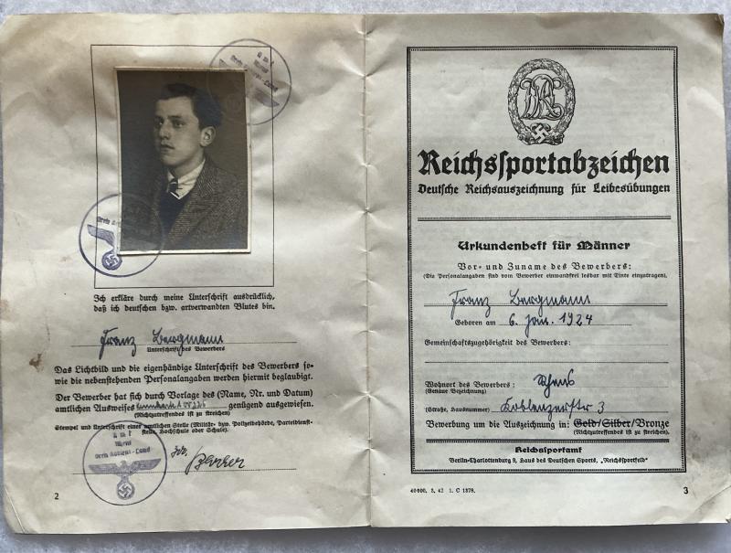 WW2 GERMAN DRL SPORTS BADGE & BOOK